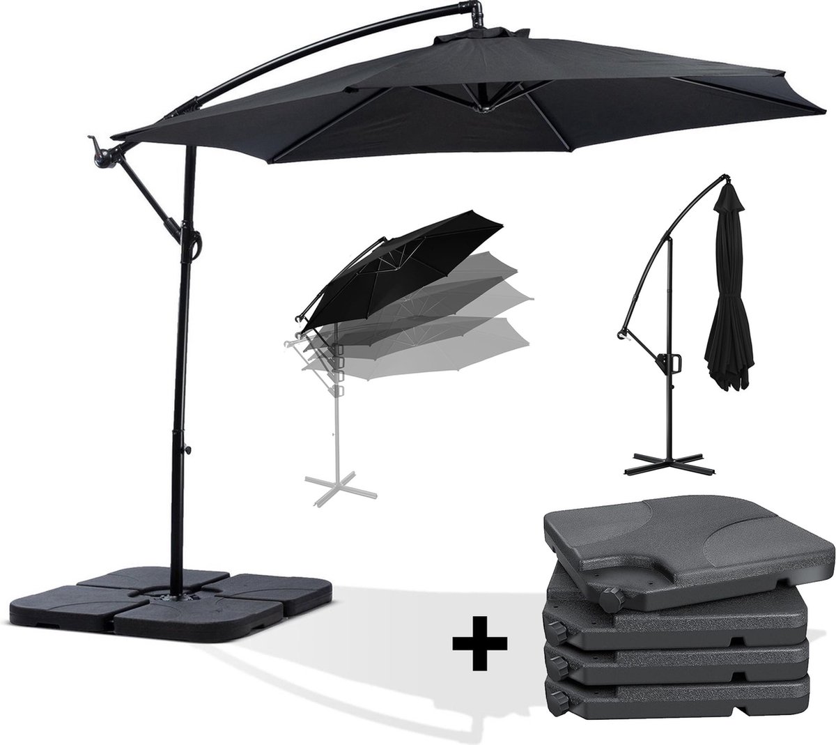 MaxxGarden Deluxe - Duurzame zweefparasol - ⌀300 cm - Inclusief vulbare tegels - 3 meter doorsnede - Zwart (5404022211478)