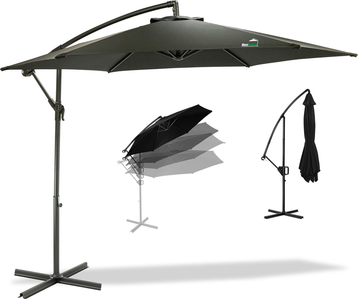 MaxxGarden Zweefparasol - tot 8 Personen - ⌀300cm - Waterdicht - met Kruisvoet - Ronde parasol - Zwart (5404022204920)