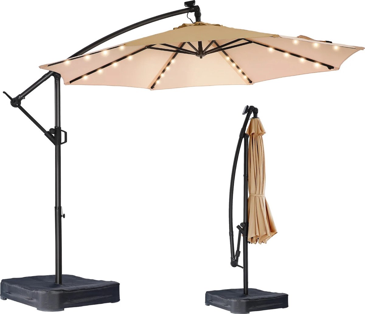 Mygroot - Zweefparasol - Parasolvoet - Met Ledverlichting is verwerkt - 305cm - Verstelbar - Antraciet/beige (8721246710707)