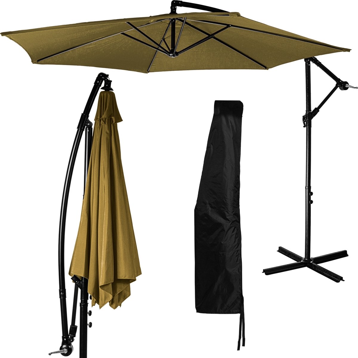 Parasol - Zweefparasol - Parasols - Zweefparasol met voet - Tuinparasol - Inclusief parasol hoes - Waterafstotend - ⌀ 300 cm - Uv bescherming 30+ - Staal - Polyester - Bruin - ⌀ 280 x H 272 cm (6094116245268)