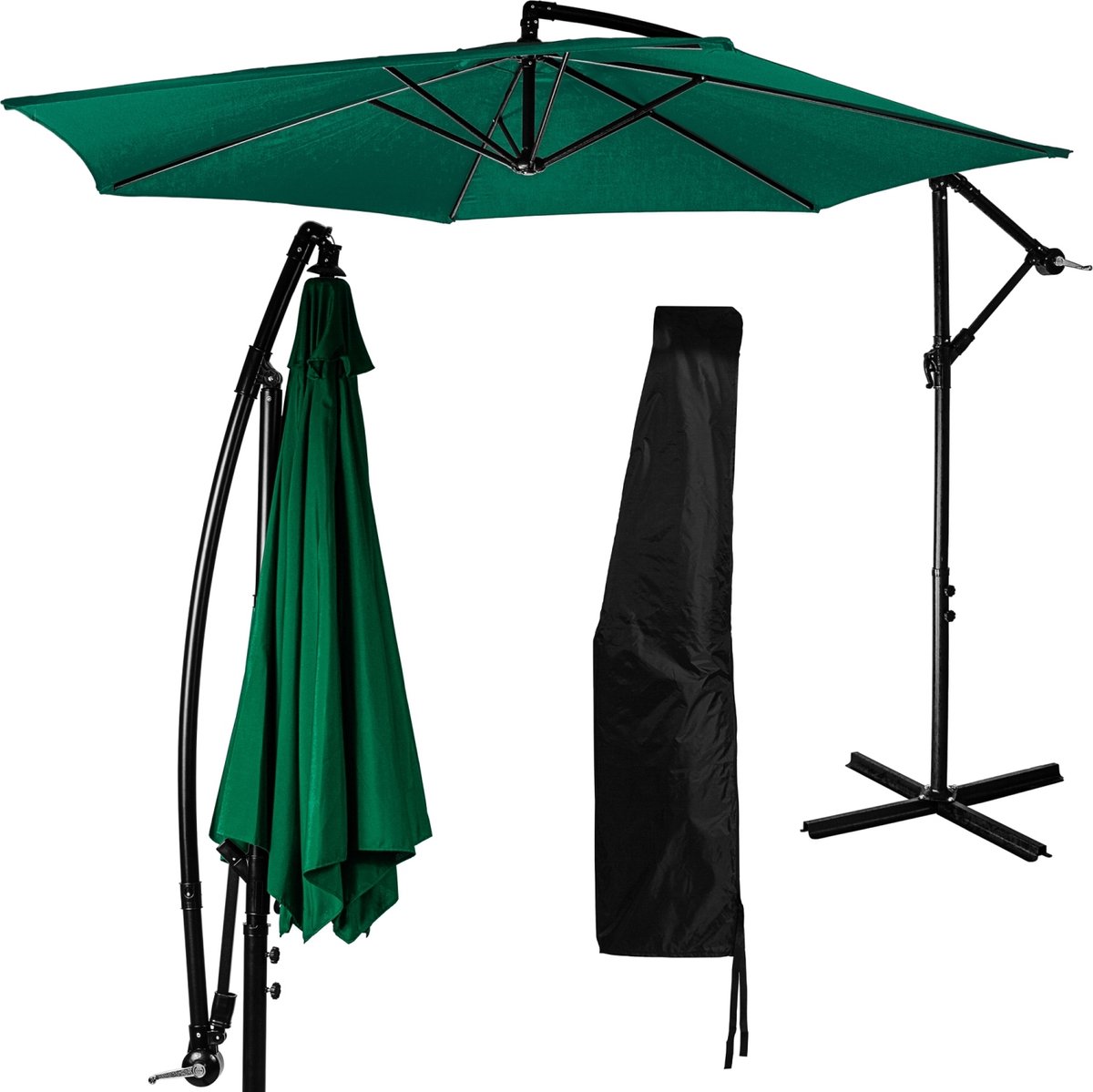 Parasol - Zweefparasol - Parasols - Zweefparasol met voet - Tuinparasol - Inclusief parasol hoes - Waterafstotend - ⌀ 300 cm - Uv bescherming 30+ - Staal - Polyester - Groen - ⌀ 280 x H 272 cm (6094110493474)