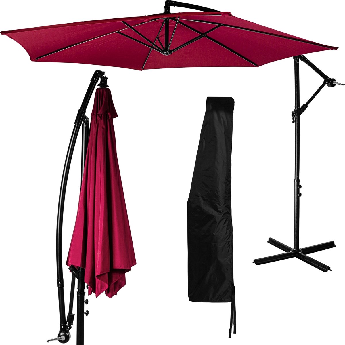 Parasol - Zweefparasol - Parasols - Zweefparasol met voet - Tuinparasol - Inclusief parasol hoes - Waterafstotend - ⌀ 300 cm - Uv bescherming 30+ - Staal - Polyester - Rood - ⌀ 280 x H 272 cm (6094120535560)