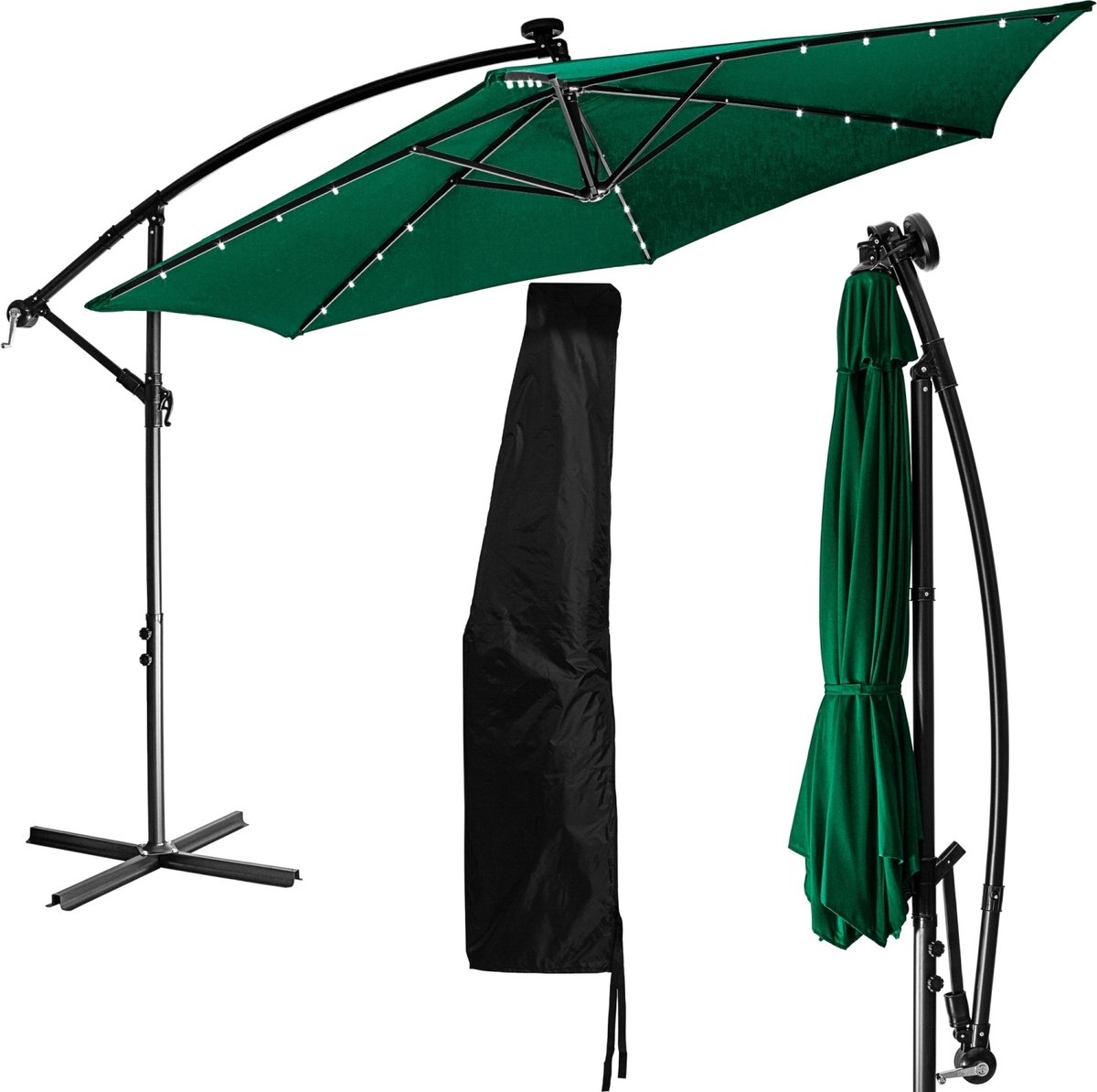 Parasol - Zweefparasol - Parasols - Zweefparasol met voet - Tuinparasol - Inclusief parasol hoes - Waterafstotend - ⌀ 350 cm - Uv bescherming 30+ - Staal - Polyester - Groen - ⌀ 350 x H 249 cm (6094115860844)