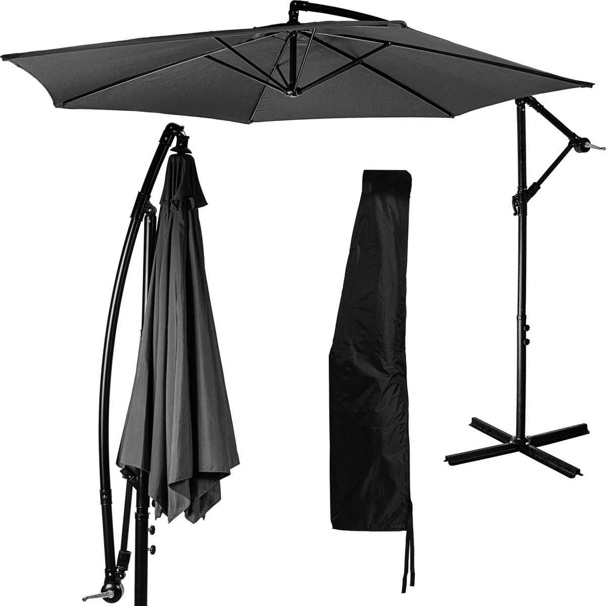 Parasol - Zweefparasol - Parasols - Zweefparasol met voet - Tuinparasol - Inclusief parasol hoes - Waterafstotend - ⌀ 350 cm - Uv bescherming 30+ - Staal - Polyester - Antraciet - ⌀ 350 x H 249 cm (6094132171121)