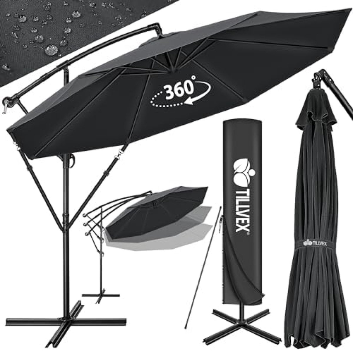 Parasol ⌀ 300 cm met zwengel, zweefparasol met standaard, tuinscherm, UV-bescherming, aluminium zonnescherm, waterdicht marktscherm, antraciet (6151025540577)