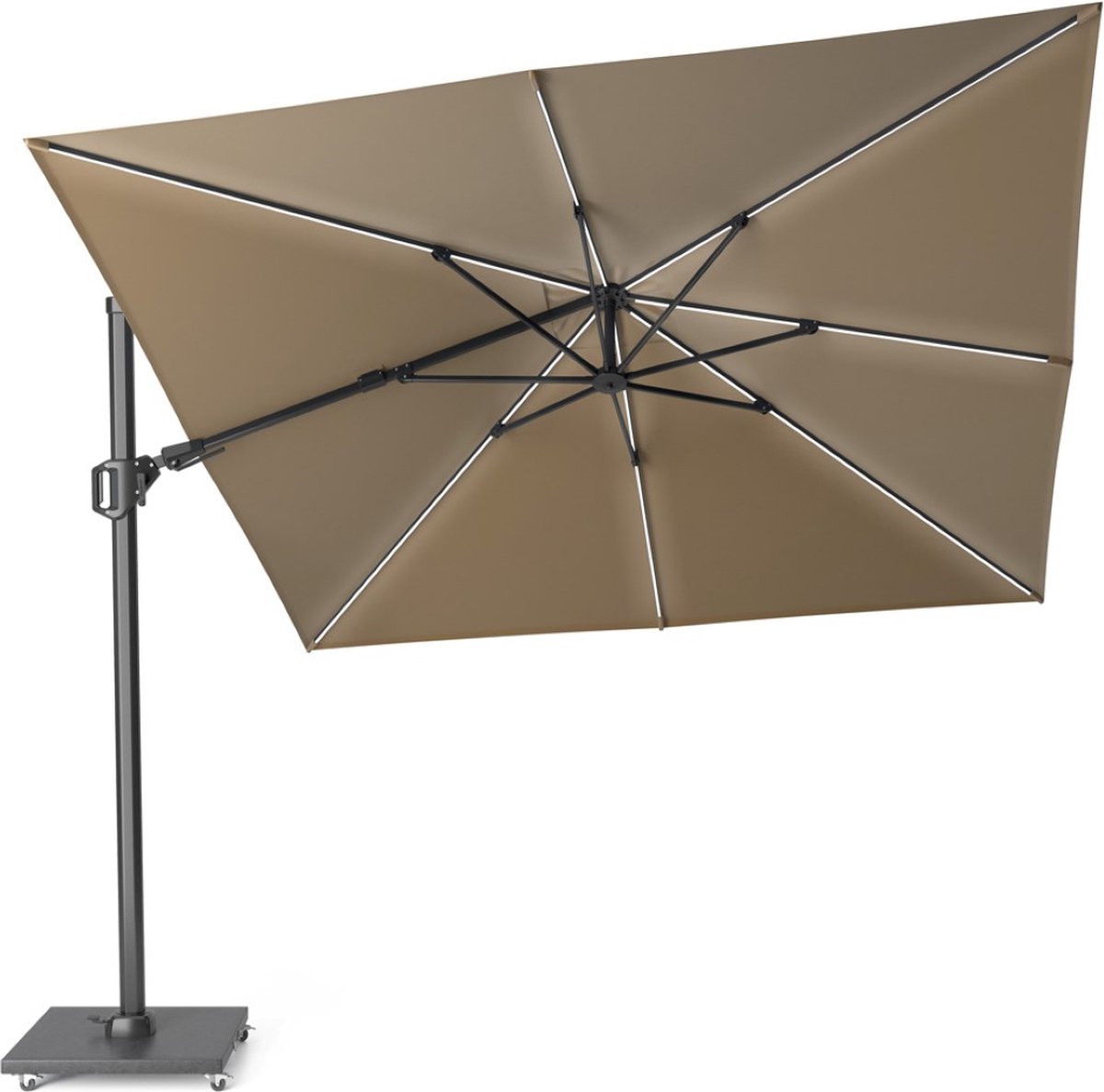 Platinum Sun & Shade - Zweefparasol - Challenger T² Glow - 300x300cm - Taupe - Dubbel Kantelbaar - 360° Draaibaar - 96% UV protectie (8717591777960)