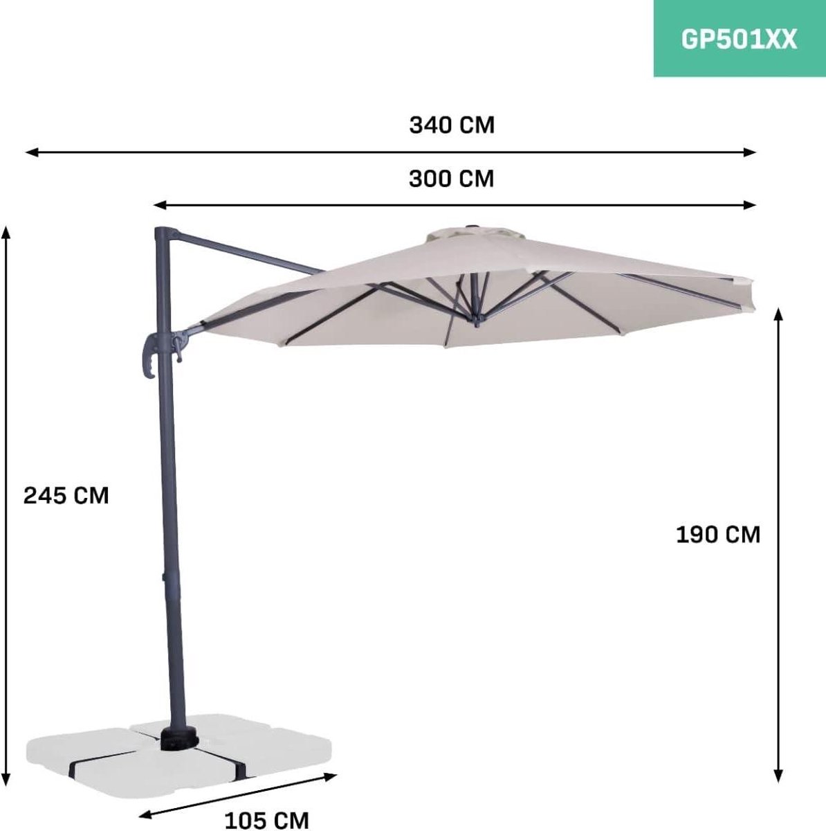 Premium Zweefparasol Bardolino - ⌀300cm - 360° draaibaar - Parasol met UV-bescherming - Beige - Incl. beschermhoes met hoge kwaliteit (8785300532551)