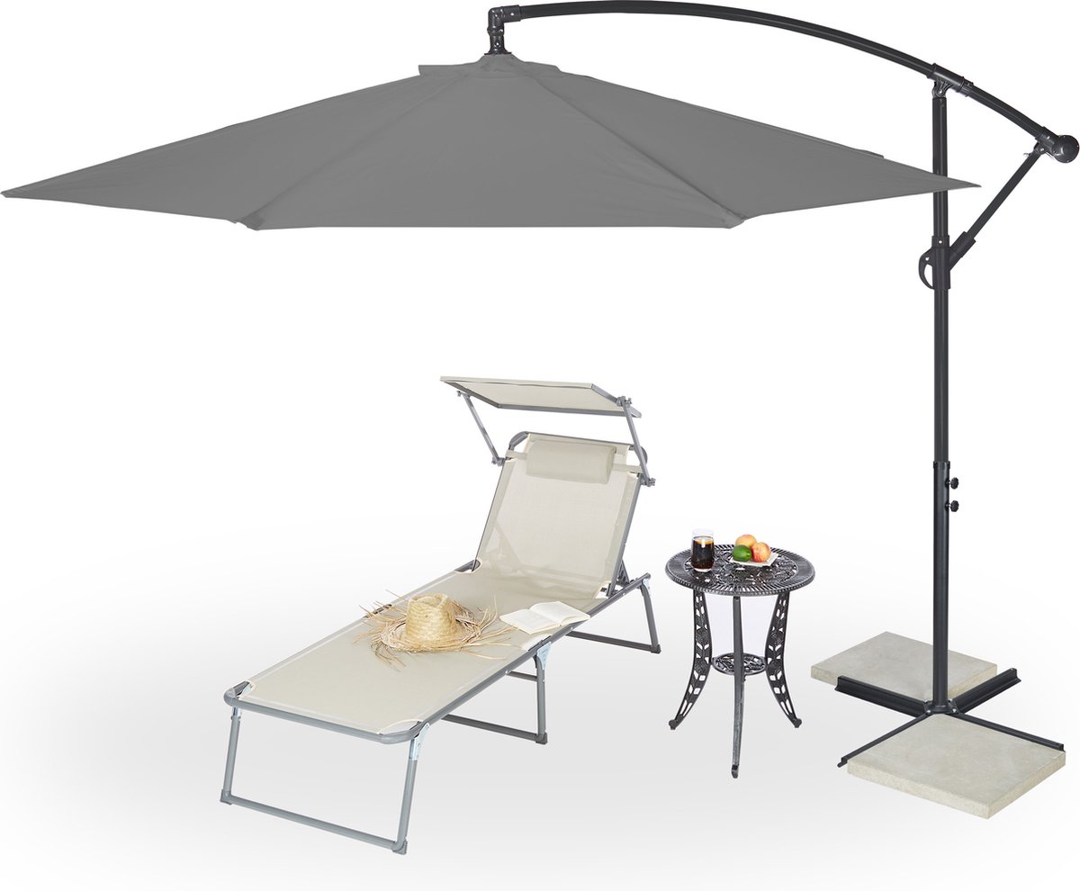 Relaxdays zweefparasol met voet - ⌀ 300 cm - met hoes en zwengel - draaibaar - kruisvoet - grijs (4052025354411)