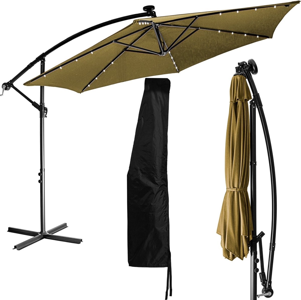 STILISTA Zweefparasol met LED - Solar - Tuinparasol - Incl. Hoes - ⌀ 300 cm - 3 m - Bruin (4048821861659)