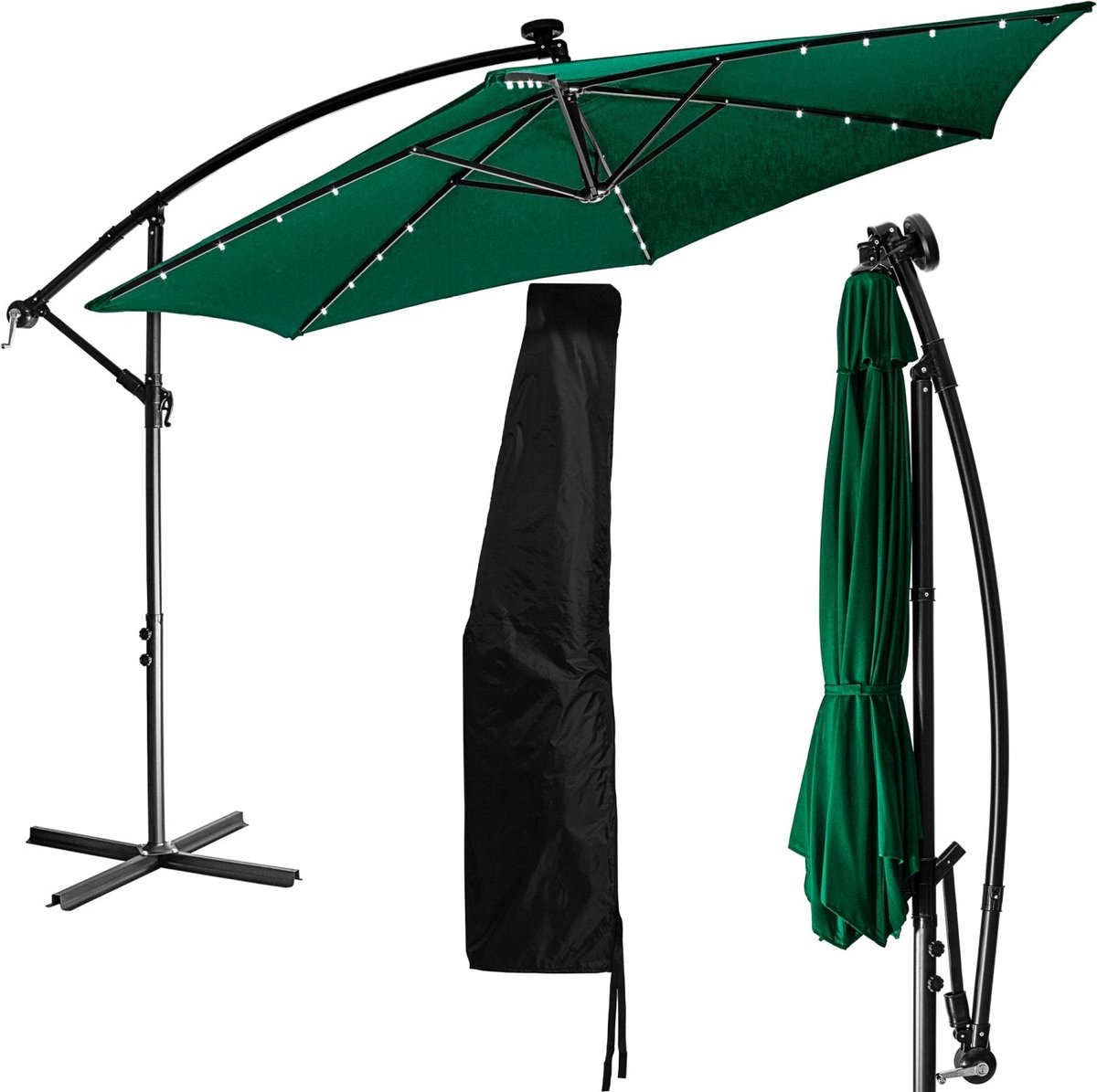 STILISTA Zweefparasol met LED - Solar - Tuinparasol - Incl. Hoes - ⌀ 300 cm - 3 m - Groen (4048821861666)