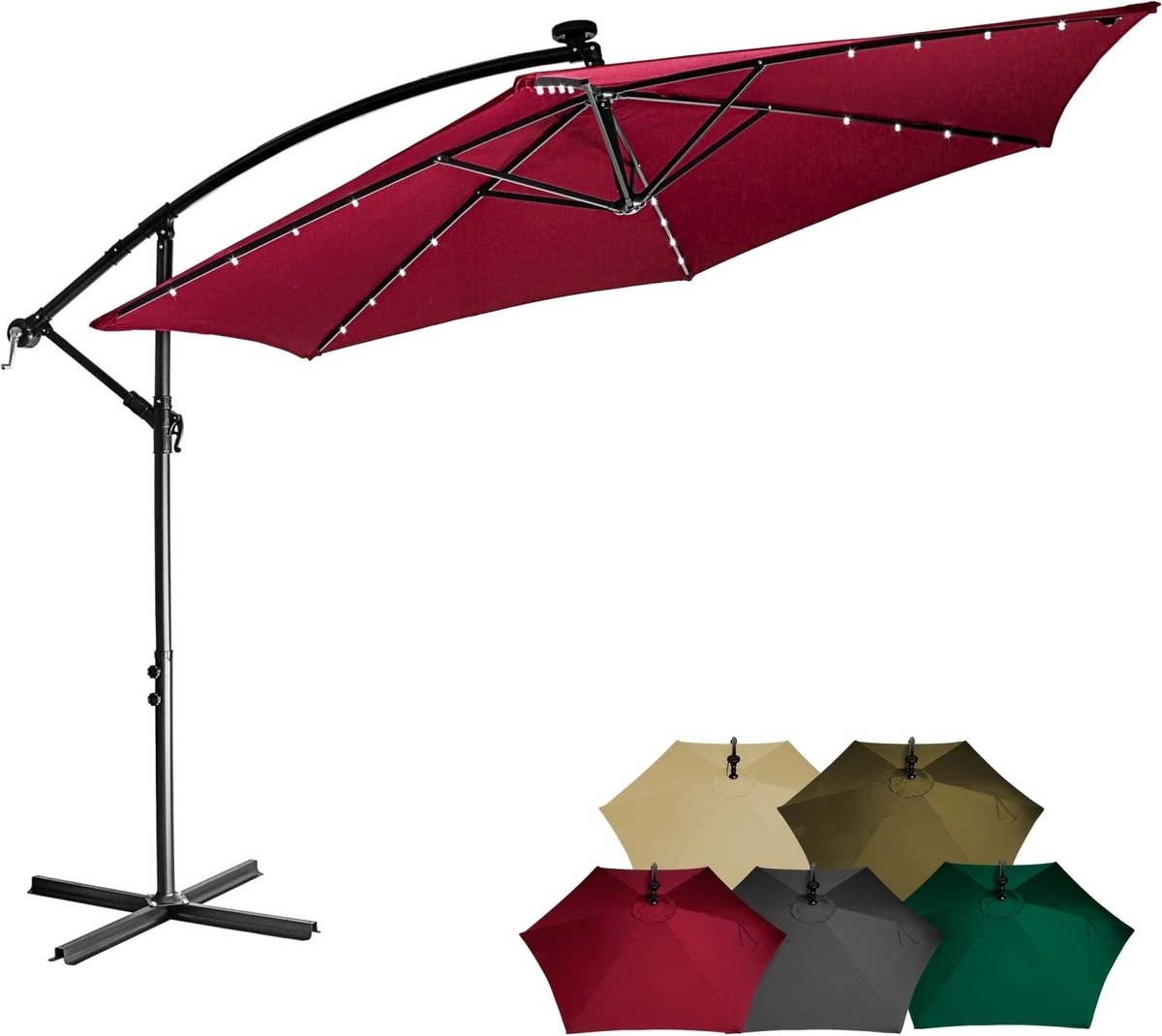 STILISTA Zweefparasol met LED - Solar - Tuinparasol - Incl. Hoes - ⌀ 300 cm - 3 m - Rood (4048821861673)