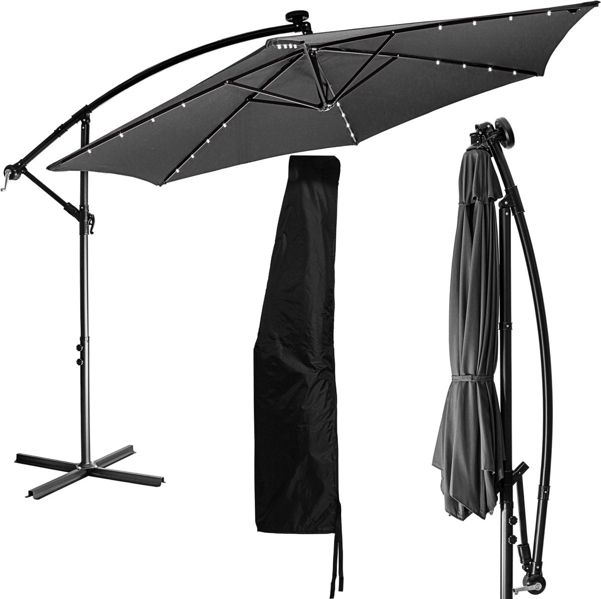 STILISTA Zweefparasol met LED - Solar - Tuinparasol - Incl. Hoes - ⌀ 350 cm - 3,5 m - Antraciet (4048821861734)