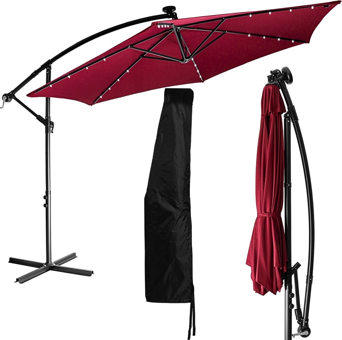 STILISTA Zweefparasol met LED - Solar - Tuinparasol - Incl. Hoes - ⌀ 350 cm - 3,5 m - Rood (4048821861796)