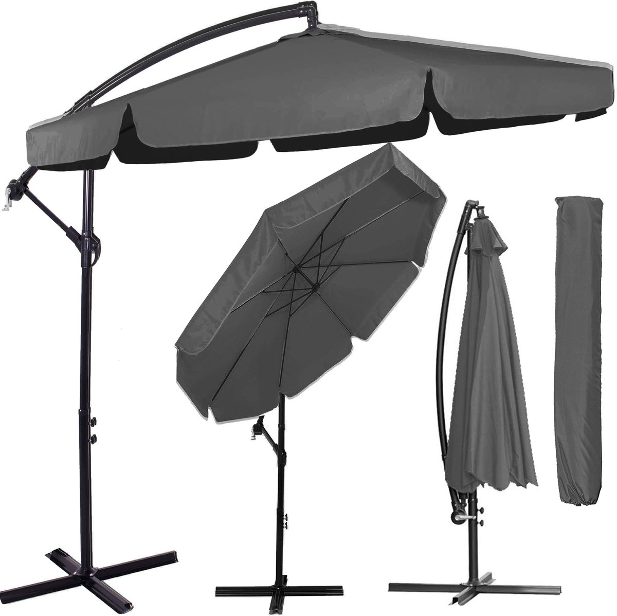 Springos Zweefparasol - Parasols - Kantelbaar - Met Beschermhoes - Antraciet - ⌀300 CM (5907719475233)