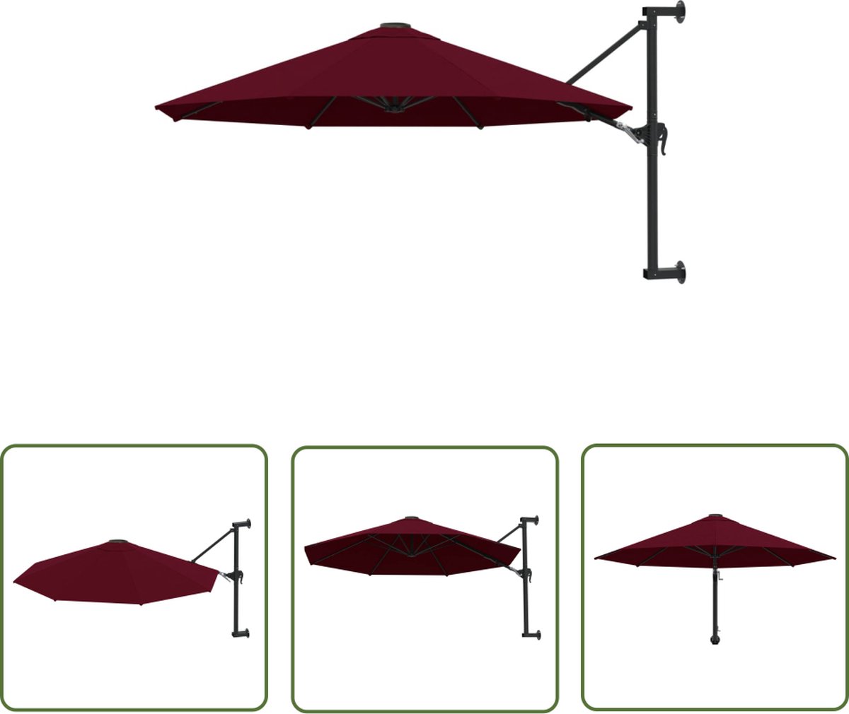 The Living Store Wandparasol Bordeauxrood 300 x 131 cm - UV-beschermend polyester - Kantelbaar ontwerp - Sterke metalen paal - Eenvoudig te monteren (8721031277880)