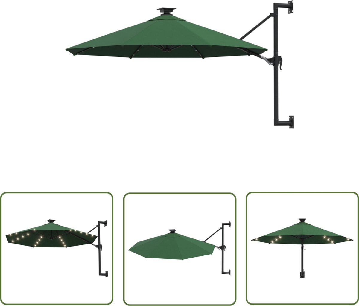 The Living Store Wandparasol Groen 300 x 131 cm - UV-beschermend - Gemakkelijk schoon te maken - Kantelbaar - Stabiel - Met zwengelsysteem - 8 baleinen - 28 LED-lampjes (8721031269946)