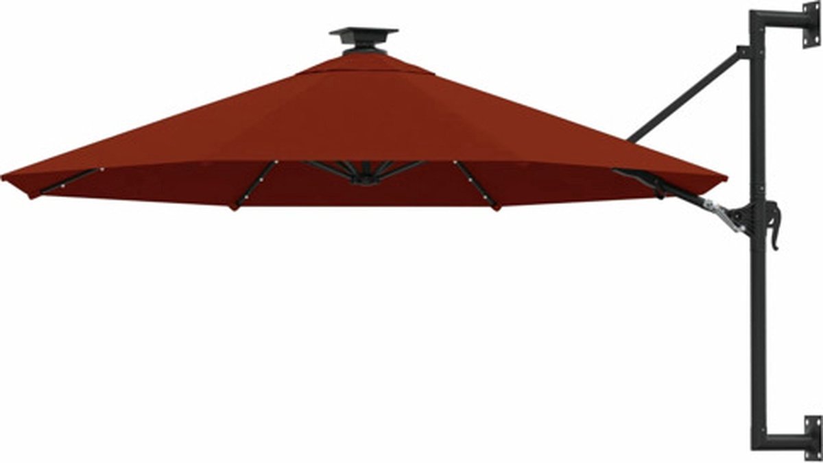 The Living Store Wandparasol - Terracotta - 300 x 131 cm - UV-beschermend polyester - Inclusief 28 LED-lampjes - Zwenkbaar - Stabiel en duurzaam - Met zwengelsysteem - Levering inclusief wandbevestiging - Montage vereist (8721031276821)