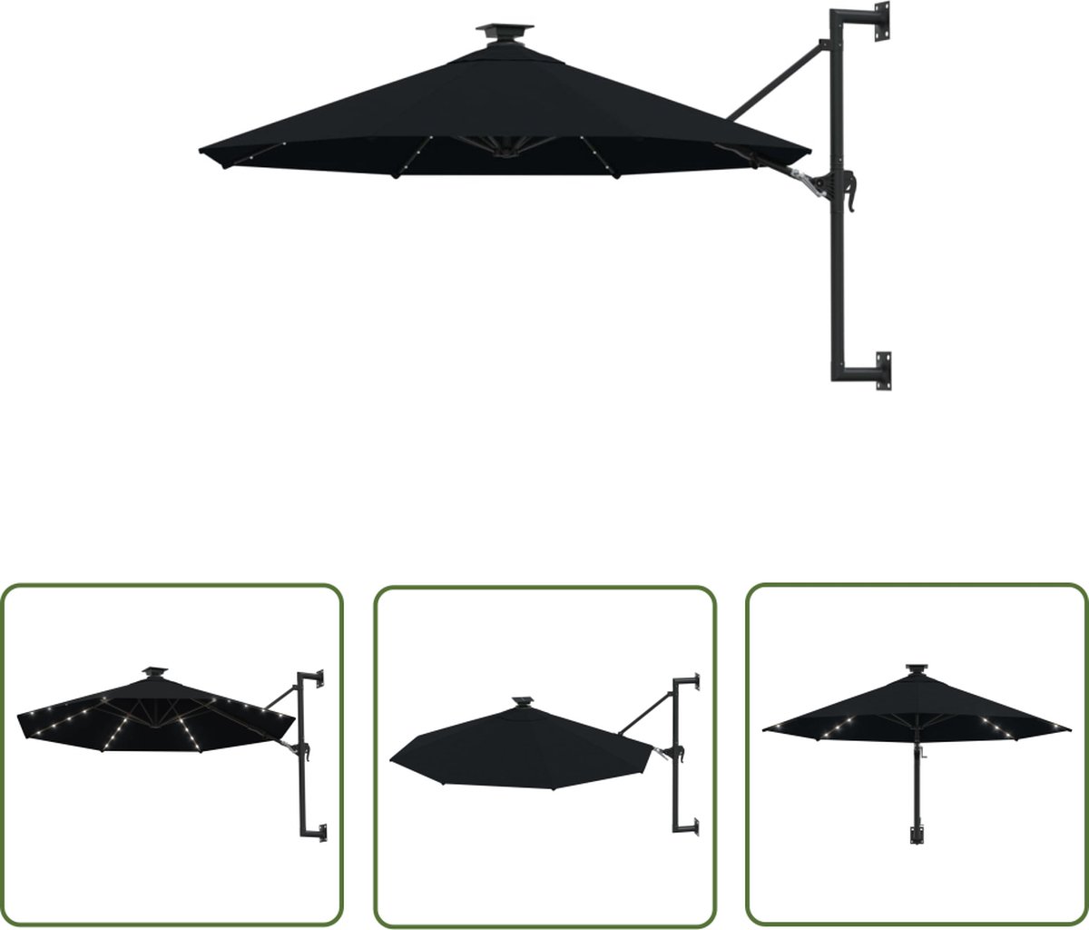 The Living Store Wandparasol - UV-beschermend - Polyester - 300 x 131 cm - Zwart - Met zwengelsysteem - 8 baleinen - 28 LED-lampjes - Montage vereist Wandparasol - Terrasdecoratie - Buitenzonwering - Zonnebeveiliging - Led Verlichting (8721031267799)