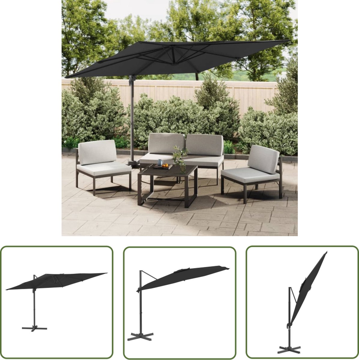 The Living Store Zweefparasol 400x300x268 cm - Polyester - Zwart - Kantelbaar en 360 graden draaibaar - Stevige structuur - Met zwenksysteem - The Living Store (8721031287773)