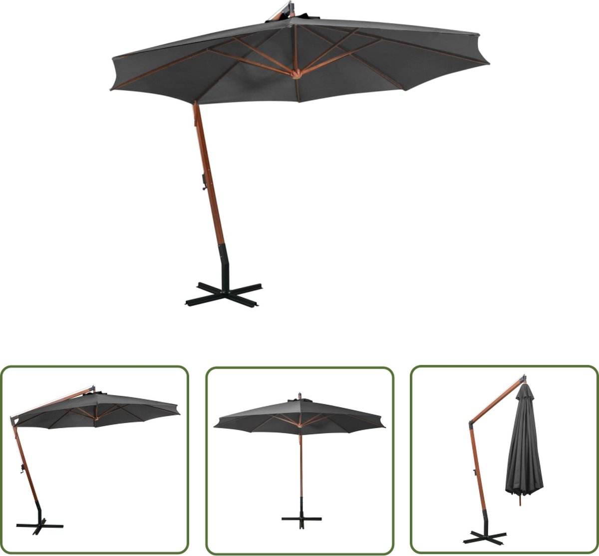 The Living Store Zweefparasol Antraciet Houten Paal - 350 cm - Waterdicht UV-bestendig Kleurvast - Montage vereist Zweefparasol - Parasol - Tuinset - Buitendrank - Hout - Balkon - Terras - Tuin - Zonwering - Anthrazit (8721031284741)