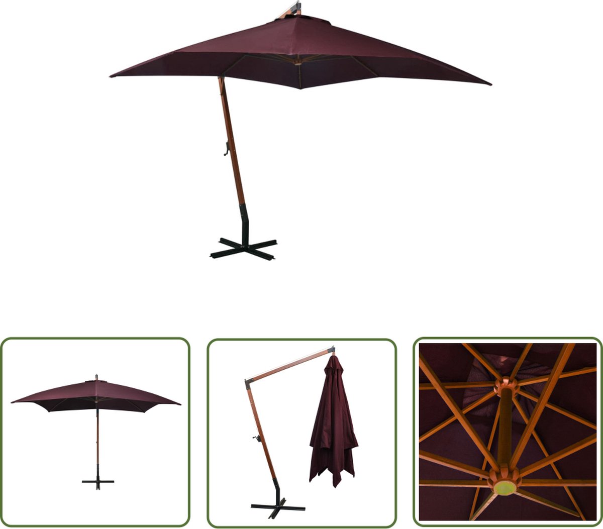 The Living Store Zweefparasol Bordeauxrood 300x300 cm - UV-bestendig - Massief vurenhout en bamboe - Waterdicht - Montage vereist (8721031281672)