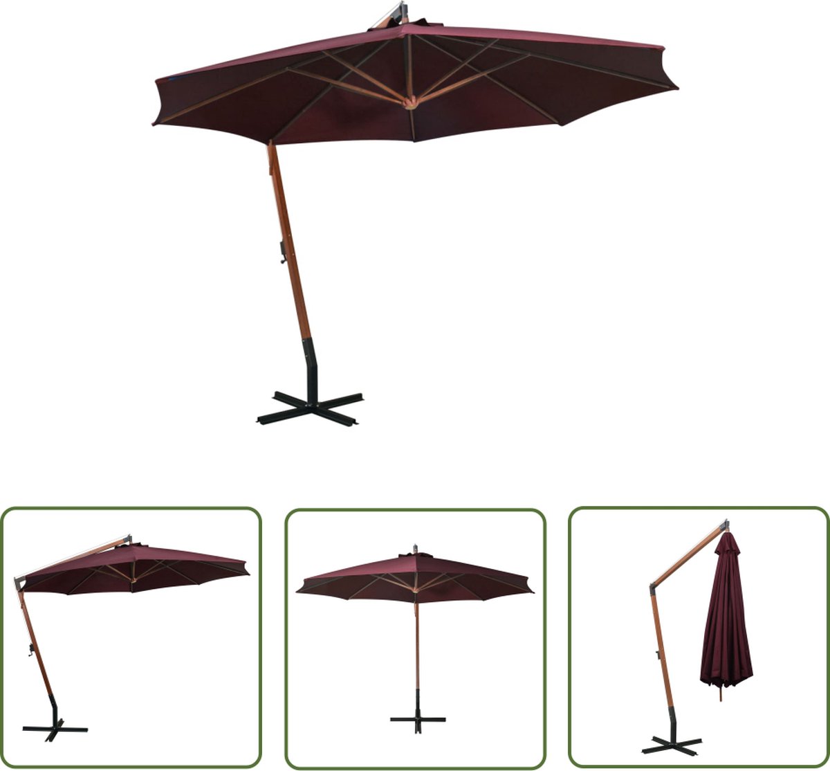 The Living Store Zweefparasol - Bordeauxrood - 350 cm - Waterdicht - UV-bestendig en kleurvast - Massief vurenhouten paal en bamboe baleinen - Met kruisvoet - Diameter kruis 100 x 100 cm - Totale hoogte 290 cm - Dikte paal 55 mm - Montage vereist (8721031274261)