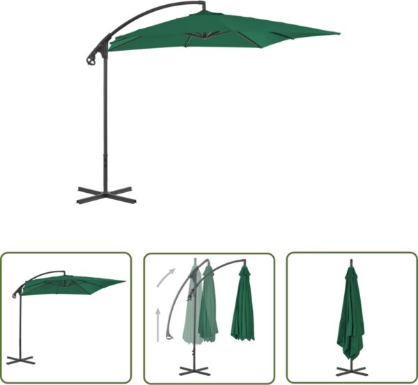 The Living Store Zweefparasol - Groen - 250 x 250 x 260 cm - UV-beschermend polyester - Stalen paal - Baleinen (8721031267256)