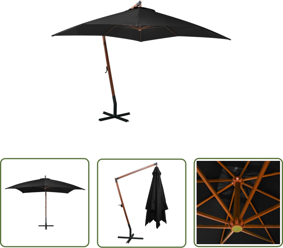 The Living Store Zweefparasol - Hout - 300 x 300 cm - Zwart Zweefparasol - Houten Parasol - Tuinset - Buitendrank - Zonnezegel - Zonnescherm - Garden Furniture - Outdoor Living (8721031262039)