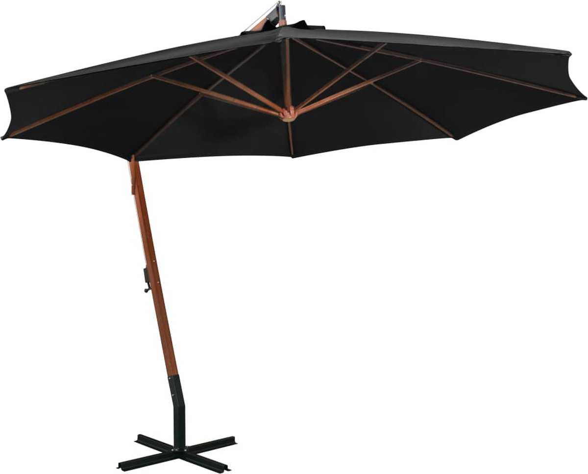 The Living Store Zweefparasol Hout - 350 cm - Zwart - UV-bestendig polyester - vurenhouten paal - bamboe baleinen Zonnescherming - Tuinset - Parasol - Hout - Zwarte Parasol - Buitenschilderij (8721031269991)