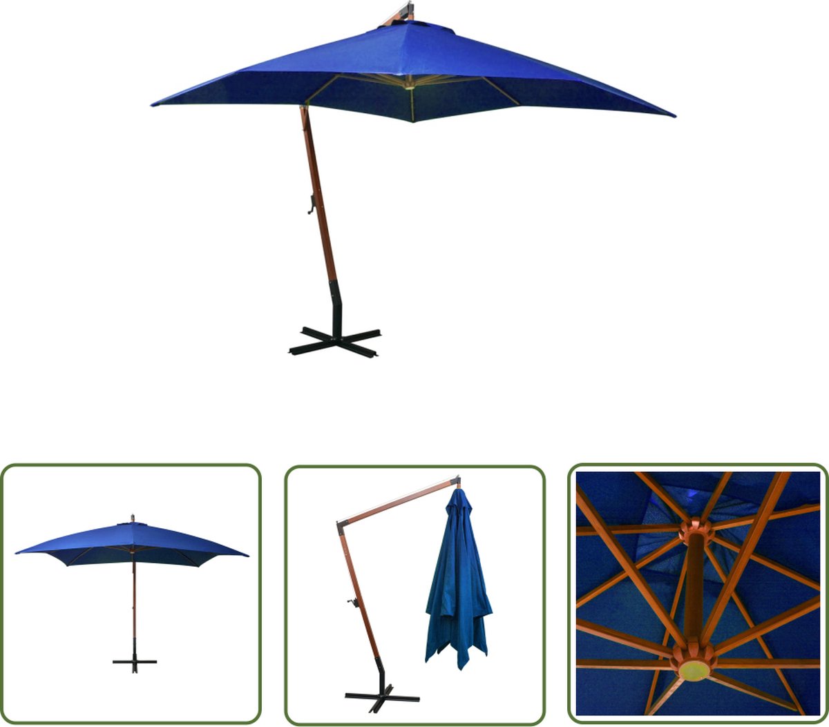 The Living Store Zweefparasol Hout Azuurblauw 300x300 cm - Waterdicht en UV-bestendig Zweefparasol - Houten Parasol - Parasol Blauw - Tuinset - Buitendrank - Zomerzon (8721031274254)