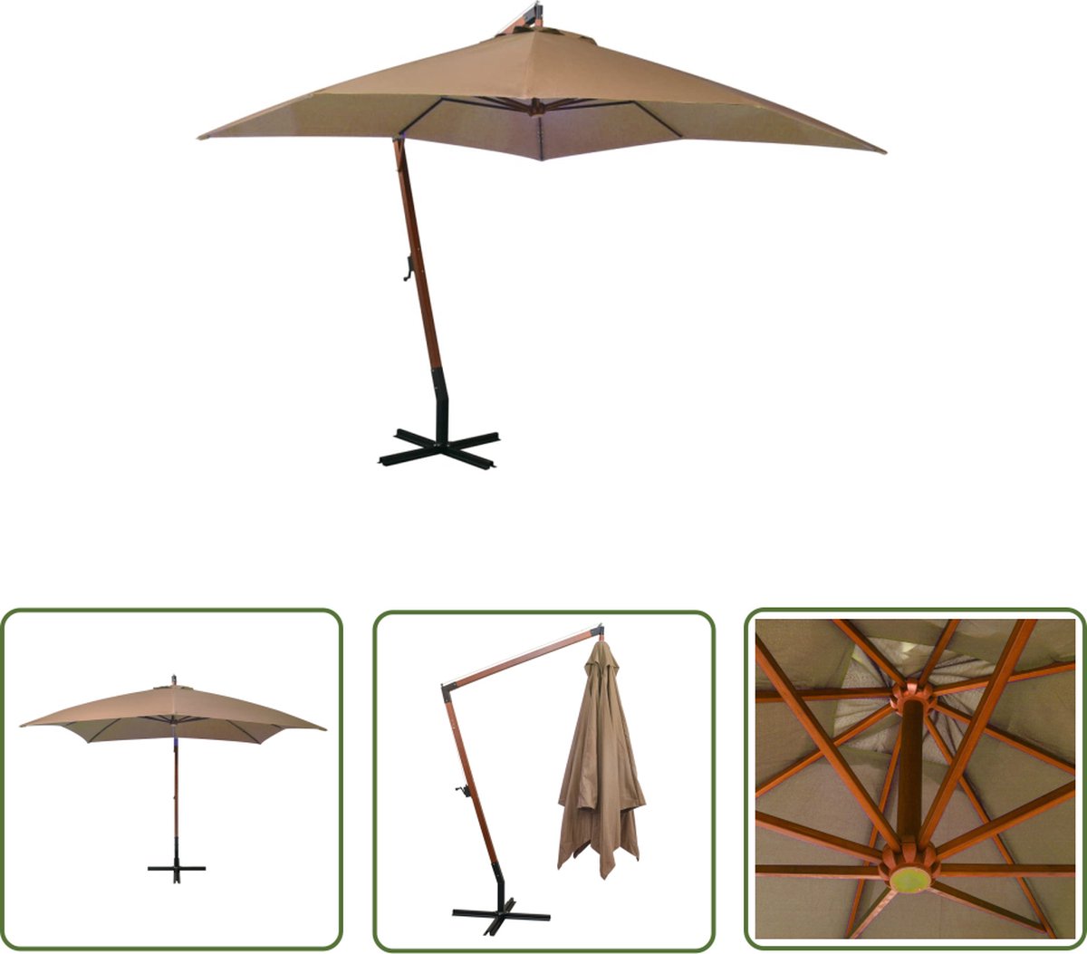 The Living Store Zweefparasol - Hout - Taupe - 300 x 300 cm - UV-bestendig Zweefparasol - Houten Parasol - Zonwering - Tuindecoratie - Outdoor Living - Taupecleur - Parasol 3 Meter (8721031286547)