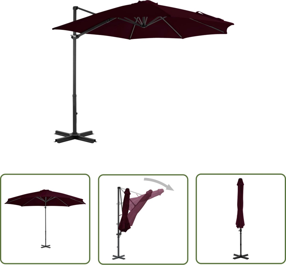 The Living Store Zweefparasol Rood - Parasoldoek van uv-beschermend polyester - 300 x 238 cm - Met kruisvoet - Aluminium paal en 8 baleinen (8721031287728)