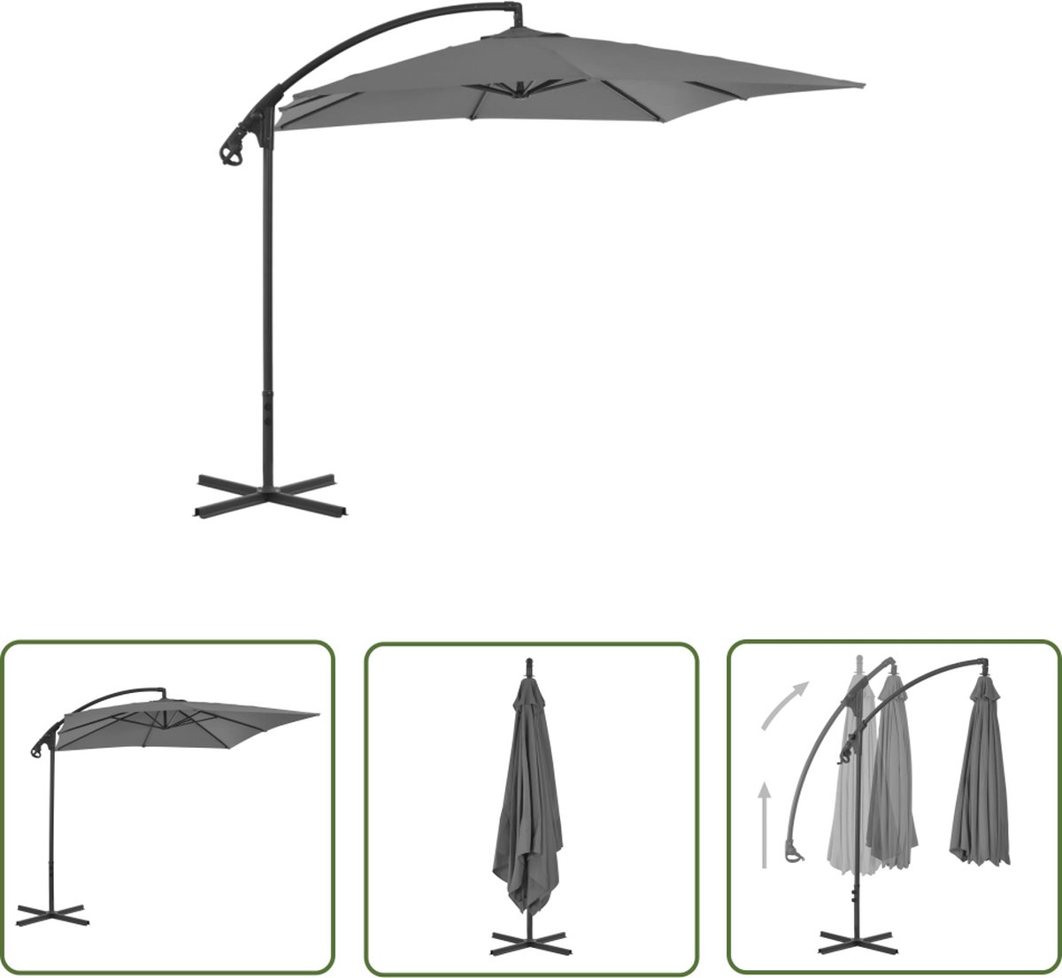 The Living Store Zweefparasol The Living Store - Antraciet - Parasols 250x250x260 cm - UV-beschermend polyester - Kruisvoet 100x100 cm - Stalen paal - 8 baleinen - Zwengelsysteem (8721031278795)