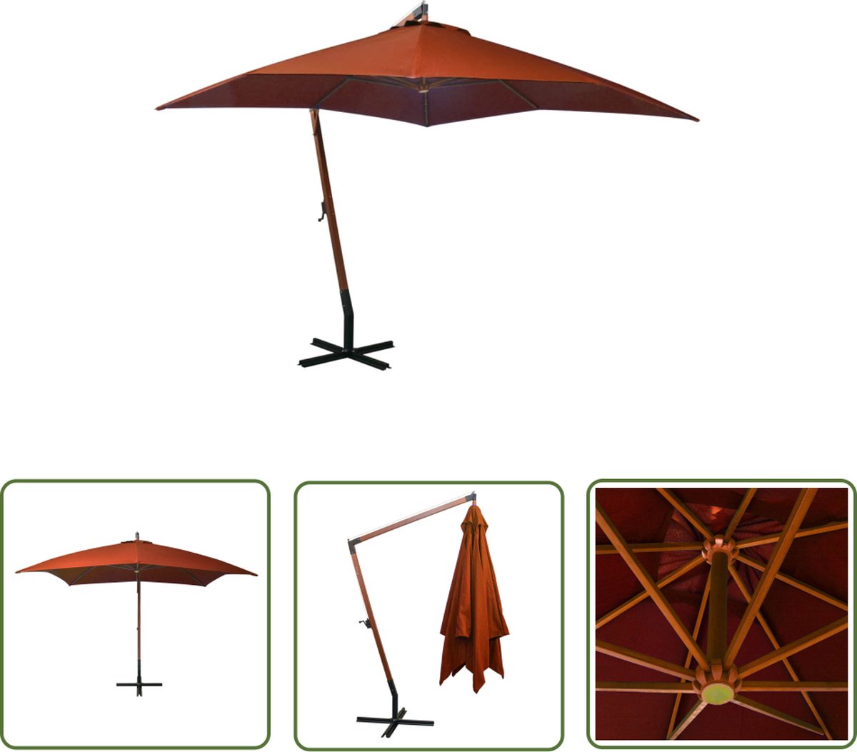 The Living Store zweefparasol terracotta 300x300 cm - houten paal - waterdicht - uv-bestendig Zweefparasol - Terrasdecoratie - Zonwering - Buitenschilderij - Tuindecoratie - Houten Parasol - Parasol (8721031286608)