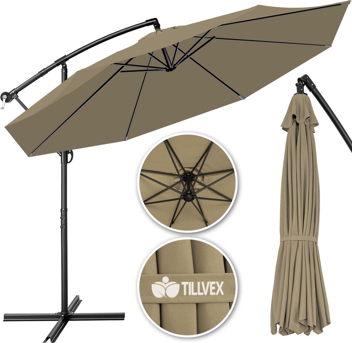 Tillvex- Parasol ⌀ 3m bruin-zweefparasol -hangparasol- vrijhangende parasol- tuinparasol- slinger-balkon- aluminium-kantelbaar (4260613493118)