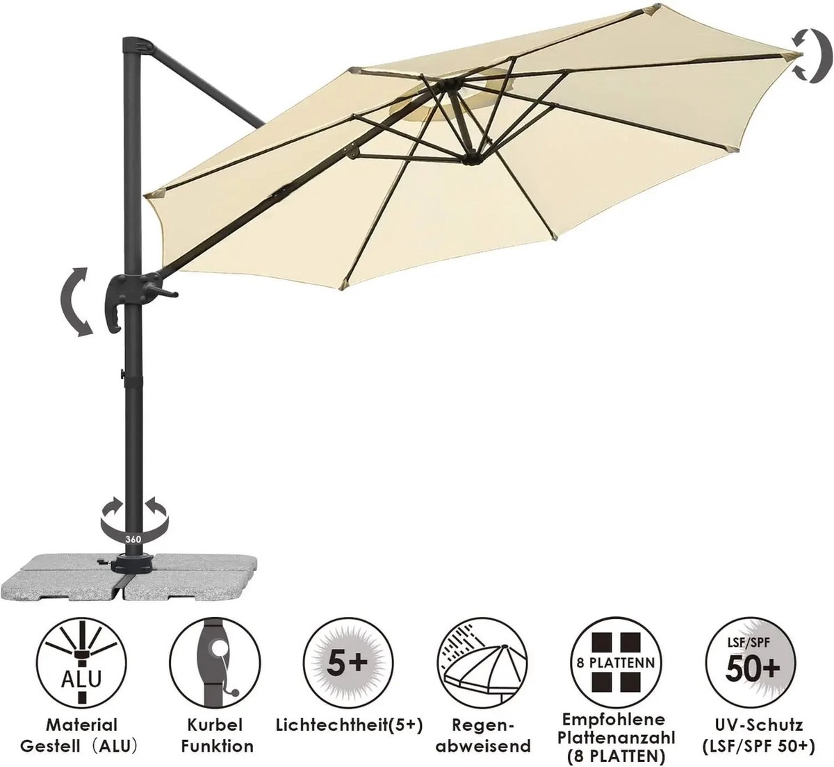 Venori Beige Parasol - Parasol - Outdoor Parasol - Zweefparasol - 360° draaibaar - Regenbestendig - Beige - UV bestendig - 3M ⌀ (8721264410931)