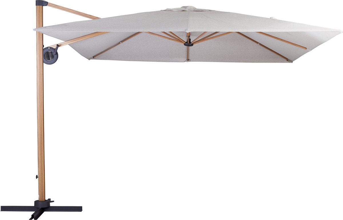 Zweefparasol Luxe Teak Hout motief Aluminium 3x3m doek wit/grijs knikbaar & 360° draaibaar + kruispoot (4057984010798)