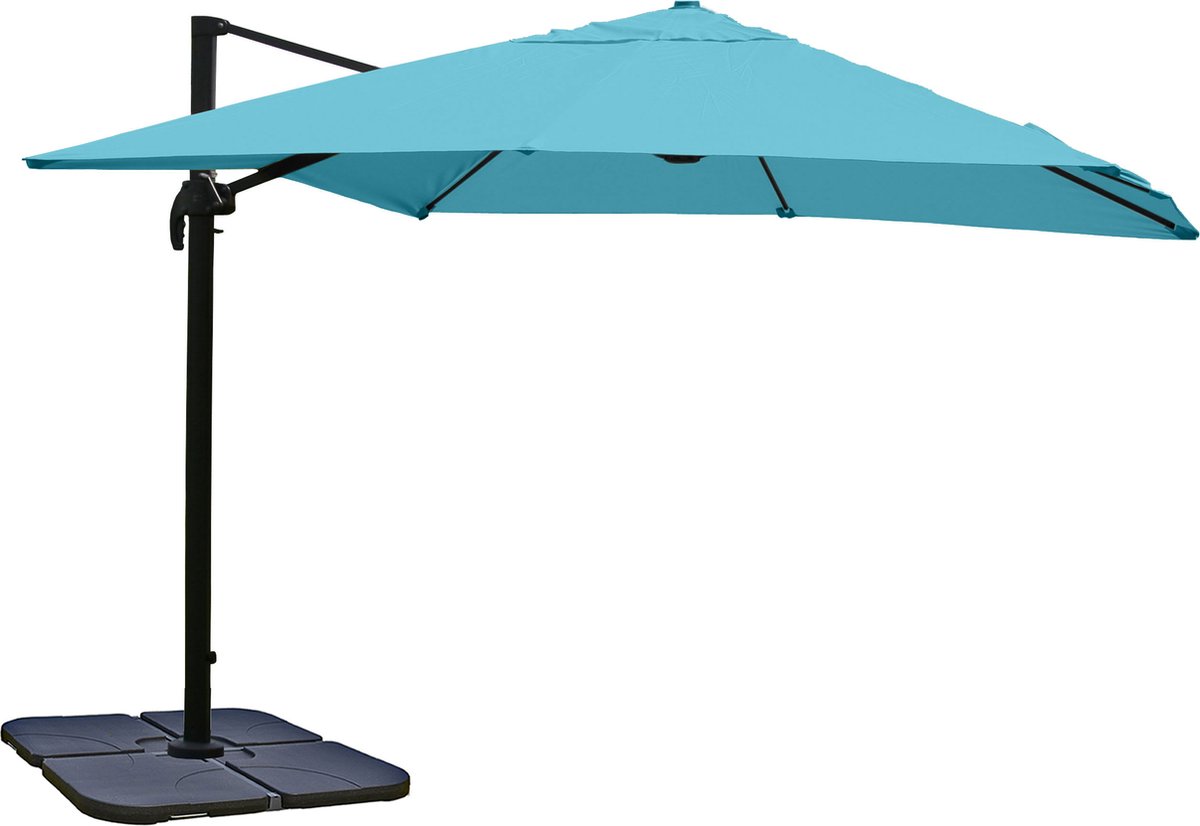 Zweefparasol MCW-A96, 3,5x3,5m (⌀4,95m) polyester aluminium/staal 25kg ~ turquoise met standaard, draaibaar (4057651472584)