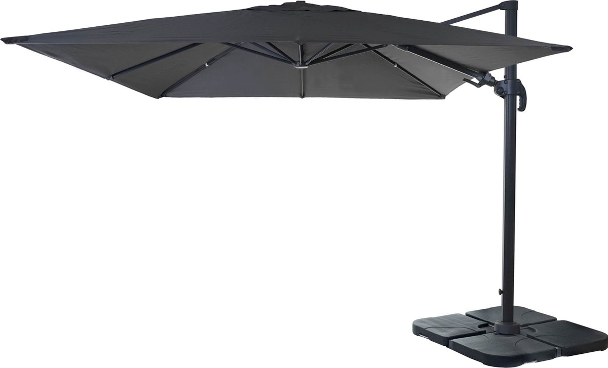 Zweefparasol MCW-A96, 3x3m (⌀4,24m) draaibaar, polyester aluminium/staal 23kg ~ antraciet met standaard (4057651233215)