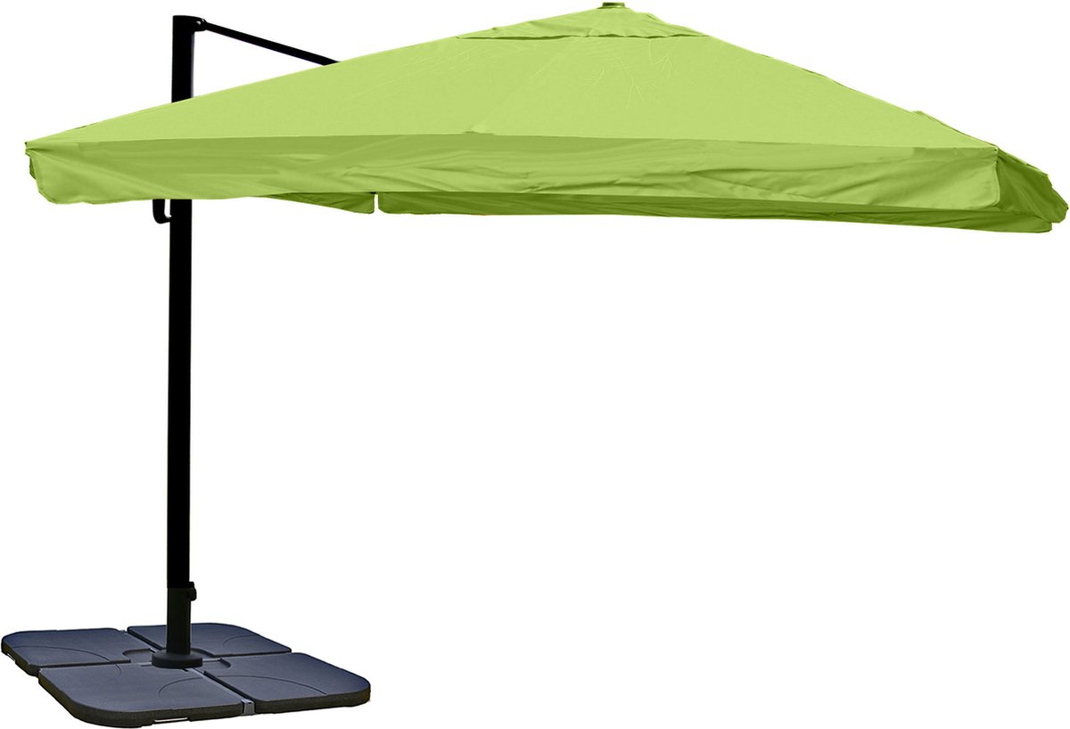 Zweefparasol MCW-A96, parasol, 3x3m (⌀4,24m) polyester/aluminium 23kg ~ Flap, groen met standaard, draaibaar (4057651222875)