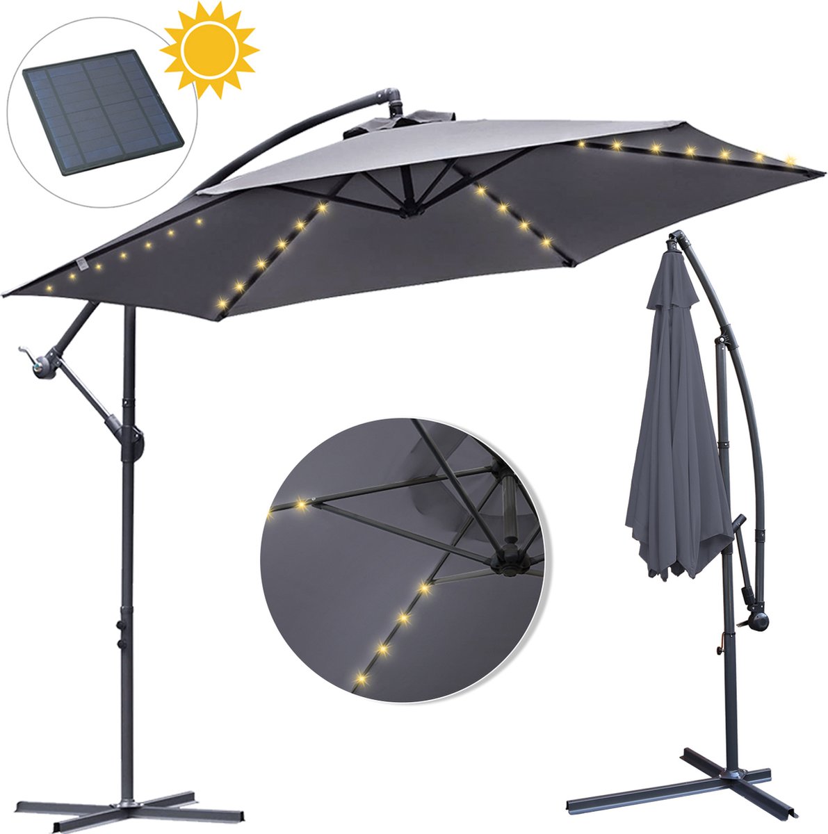 Zweefparasol - Solar LED parasol Waterdicht - Parasol - Strandparasols - Balkonparasols - Parasols - ⌀ 300cm - 3m - Tuinparasol - Zonne-energie - Grijs- Draai- en Kantelbaar - 360° draaibaar - Duurzame Zweefparasol - Met voet (9784297942311)