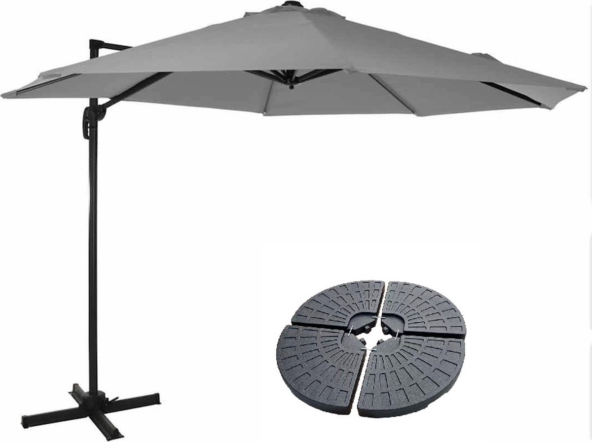 Zweefparasol set Draaibaar Roma 300 cm met Parasolvoeten - Licht Grijs (6013947834854)