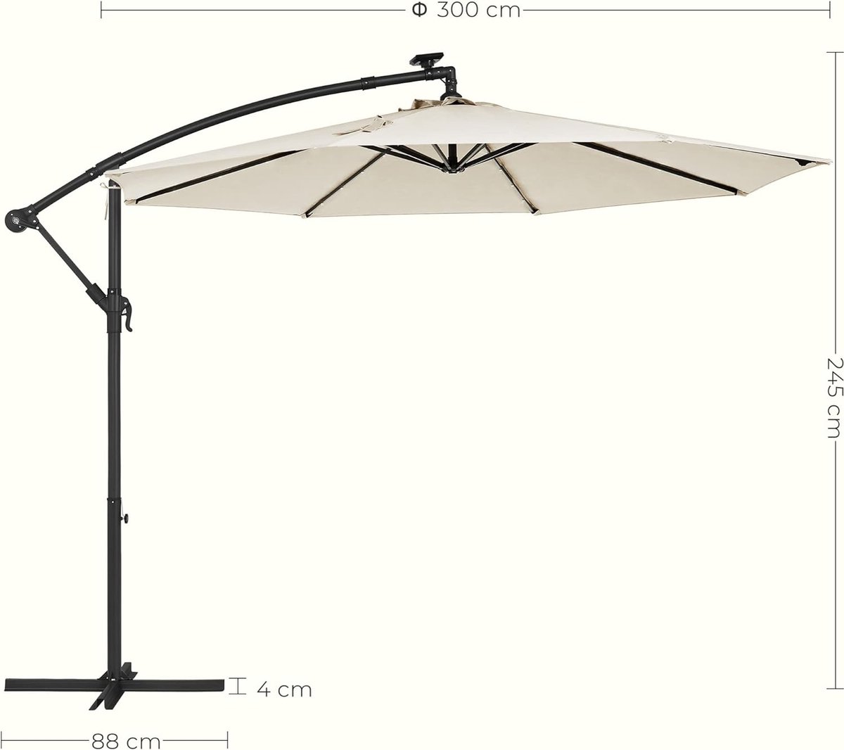 parasol met LED-zonneverlichting - zweefparasol met standaard - 32 LED-lampjes - ⌀ 300 cm - UV-bescherming tot UPF 50+ - beige (8720849722476)