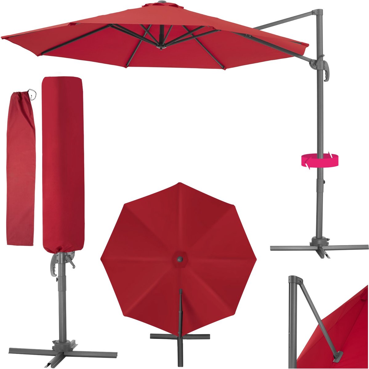 tectake® - Grote zweefparasol met beschermhoes, ⌀ 300 cm, in hoogte verstelbaar, opvouwbaar, met voetpedaal en zwengel - UV-bescherming 50+ - Tuinparasol, voor terrasoverkapping of balkon - wijnrood (4061173031358)