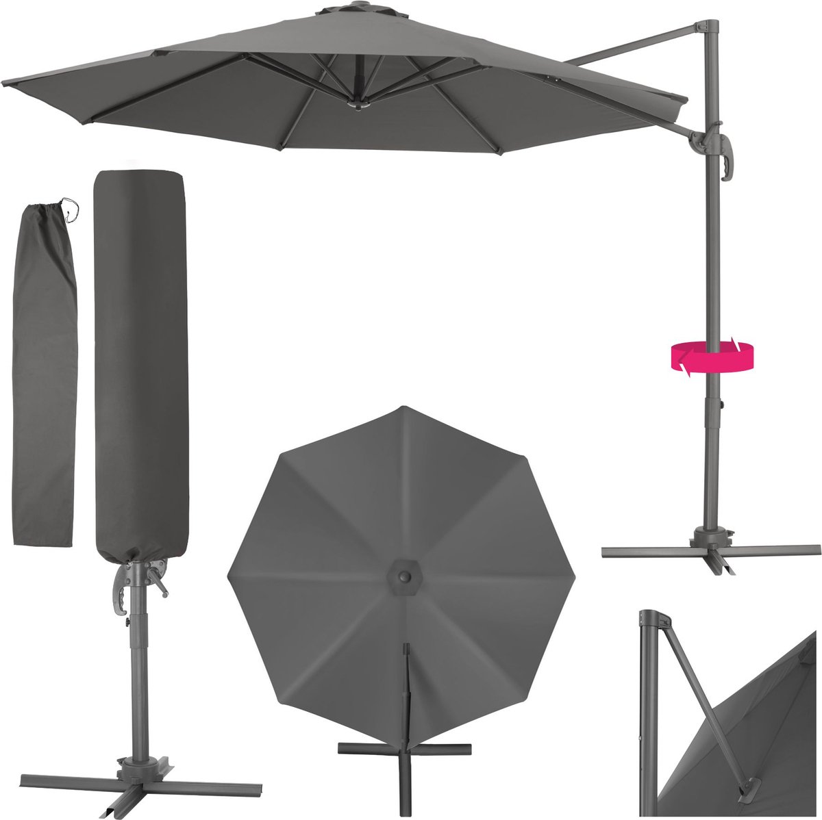 tectake® - Grote zweefparasol met beschermhoes, ⌀ 300 cm, in hoogte verstelbaar, opvouwbaar, met voetpedaal en zwengel - UV-bescherming 50+ - Tuinparasol, voor terrasoverkapping of balkon - grijs (4061173117342)