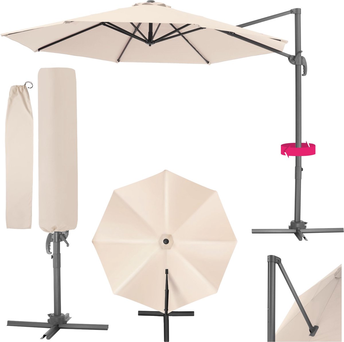 tectake® - Grote zweefparasol met beschermhoes, ⌀ 300 cm, in hoogte verstelbaar, opvouwbaar, met voetpedaal en zwengel - UV-bescherming 50+ - Tuinparasol, voor terrasoverkapping of balkon - beige (4061173031334)