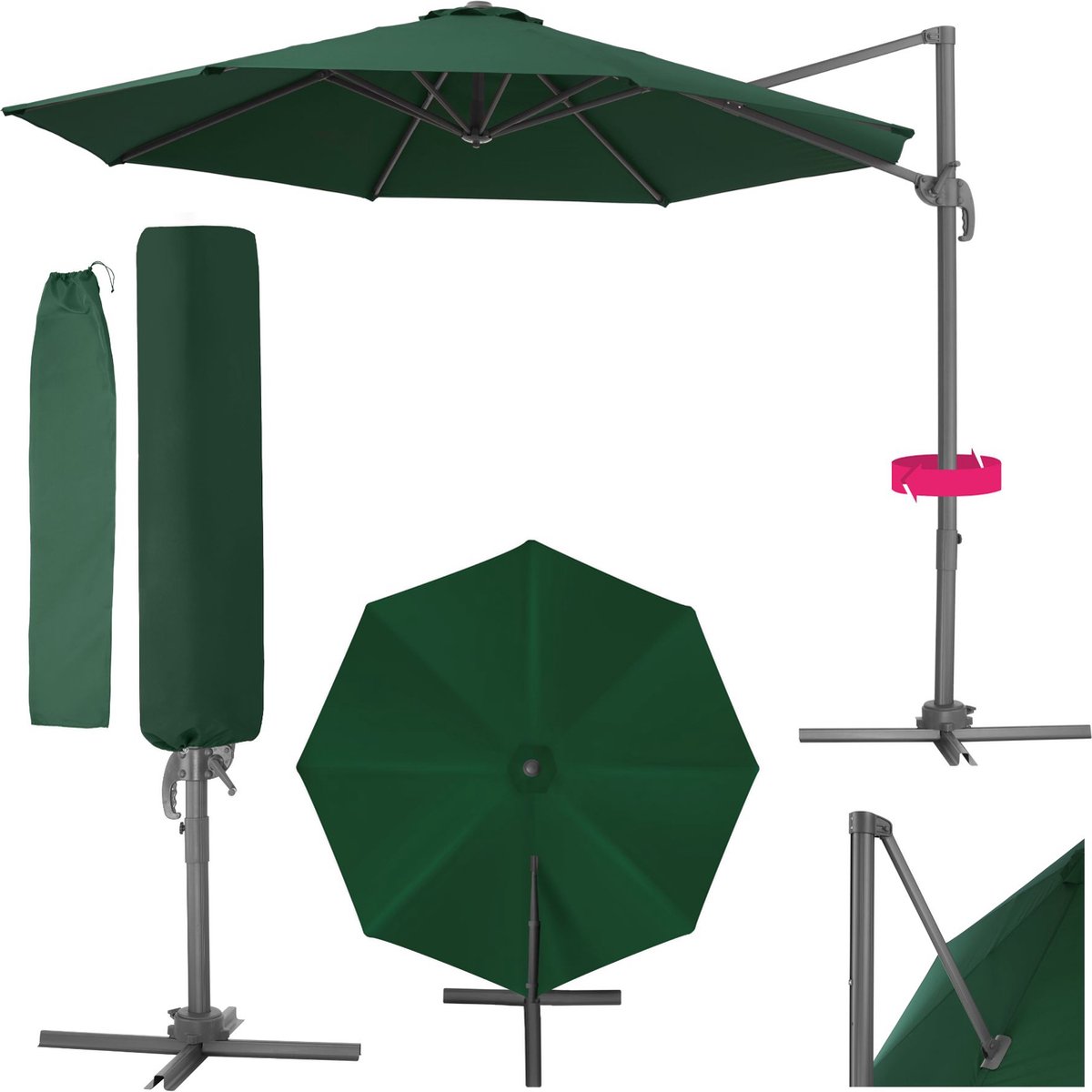 tectake® - Grote zweefparasol met beschermhoes, ⌀ 300 cm, in hoogte verstelbaar, opvouwbaar, met voetpedaal en zwengel - UV-bescherming 50+ - Tuinparasol, voor terrasoverkapping of balkon - groen (4061173031341)