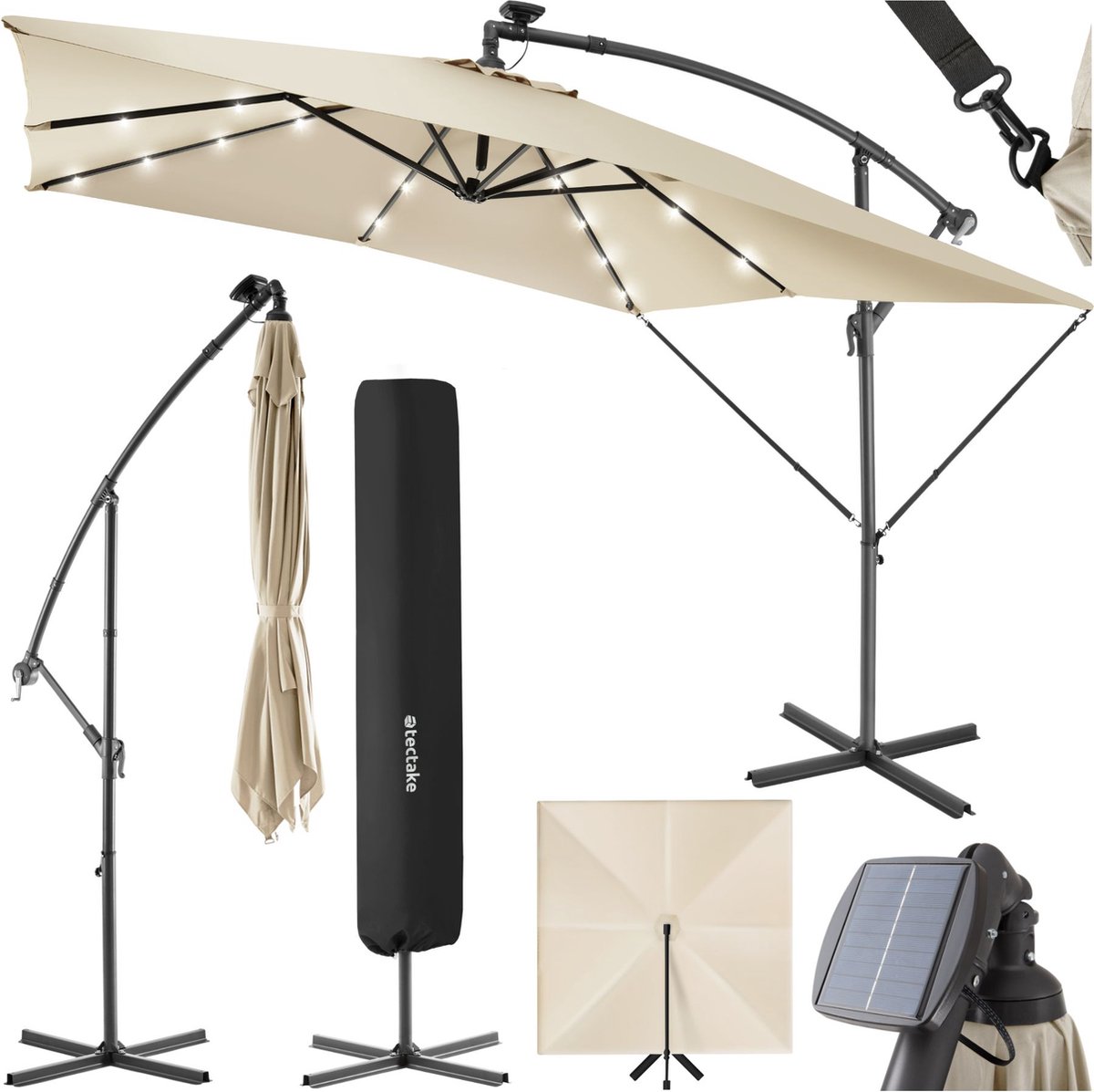 tectake® - Parasol 250cm met solar led verlichting - Parasols - Zweefparasol - Zonneenergie - Inclusief zonnepaneel - Tuinverlichting - Beige (4061173256102)