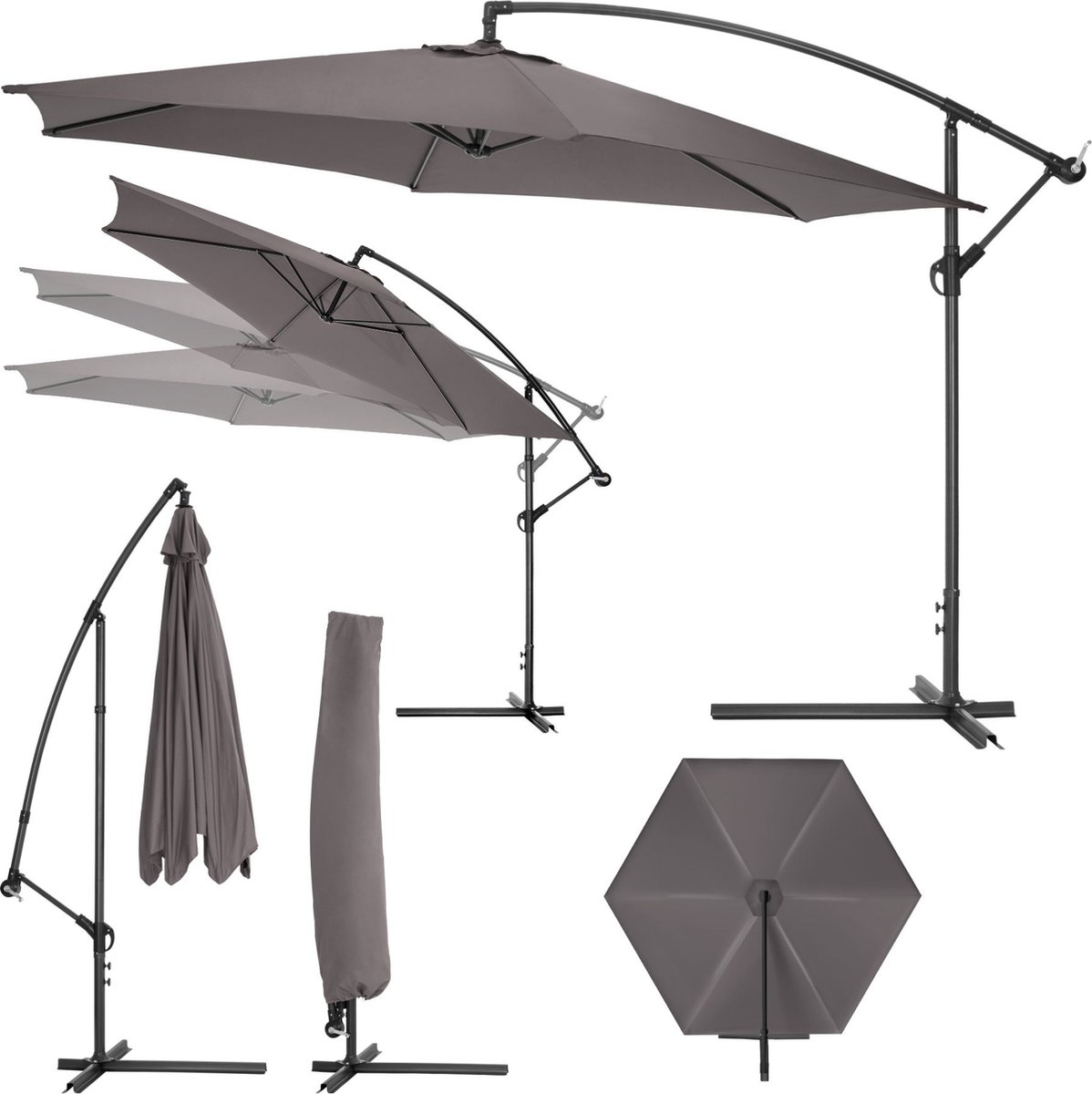 tectake® Parasol met Standaard 350 cm - Zonwering voor Balkons, Tuinen en Terrassen - Inclusief Beschermhoes - Grote Zweefparasol met Zwengelsysteem - Stevig Frame - Grijs (4061173069665)