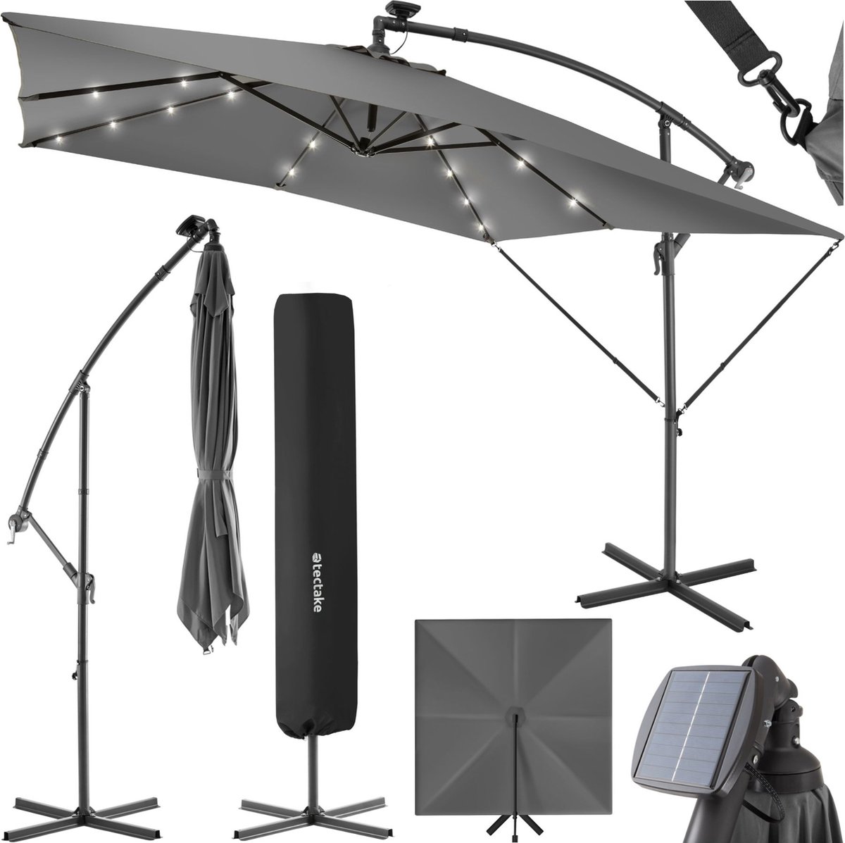 tectake® Rechthoekige parasol - Met LED-verlichting op zonne-energie - Incl. beschermhoes - Zweefparasol - Zonwering terras, tuin - Balkonparasol - Grote parasol - 250x300cm - Grijs (4061173256096)